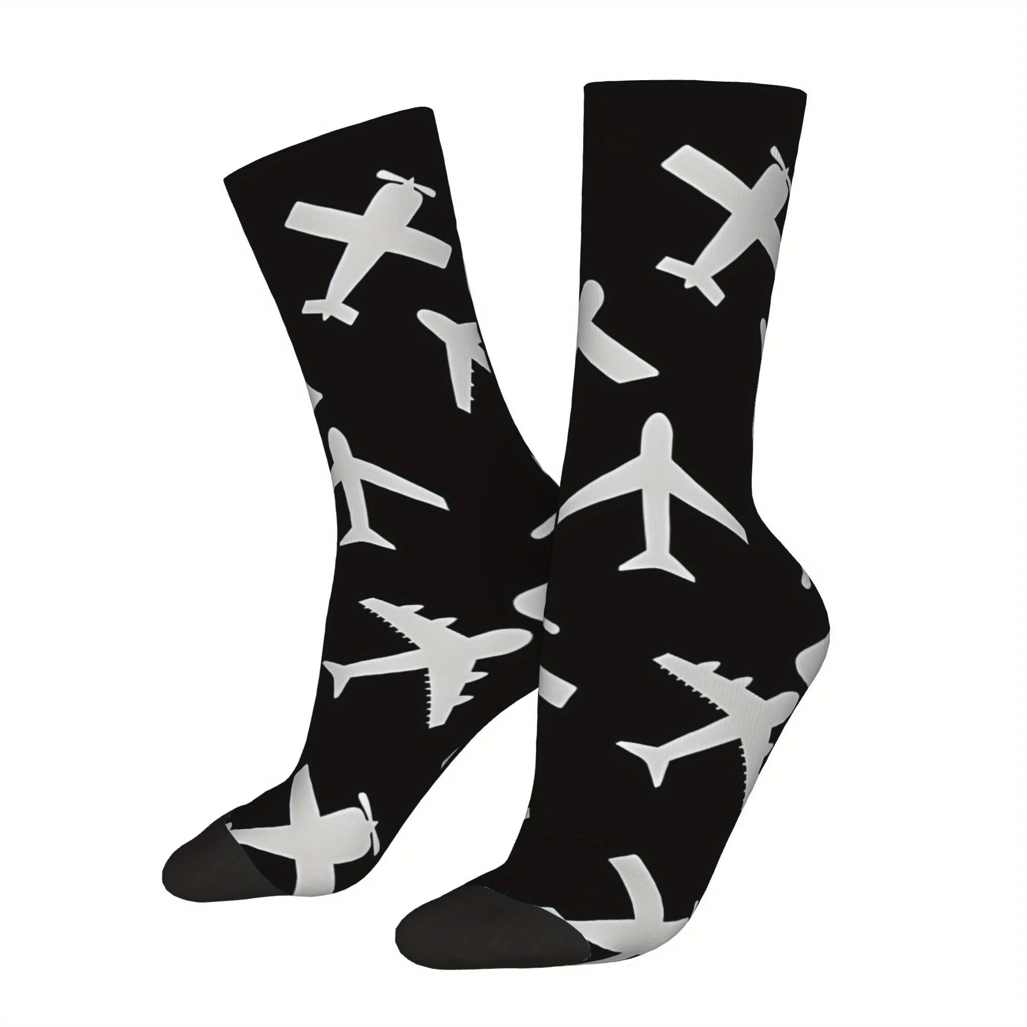 1 Pair Men'S Novelty Airplane Print Crew Socks, Polyester Blend (95% Polyester, 5% Elastane), Knit Fabric, Compression,