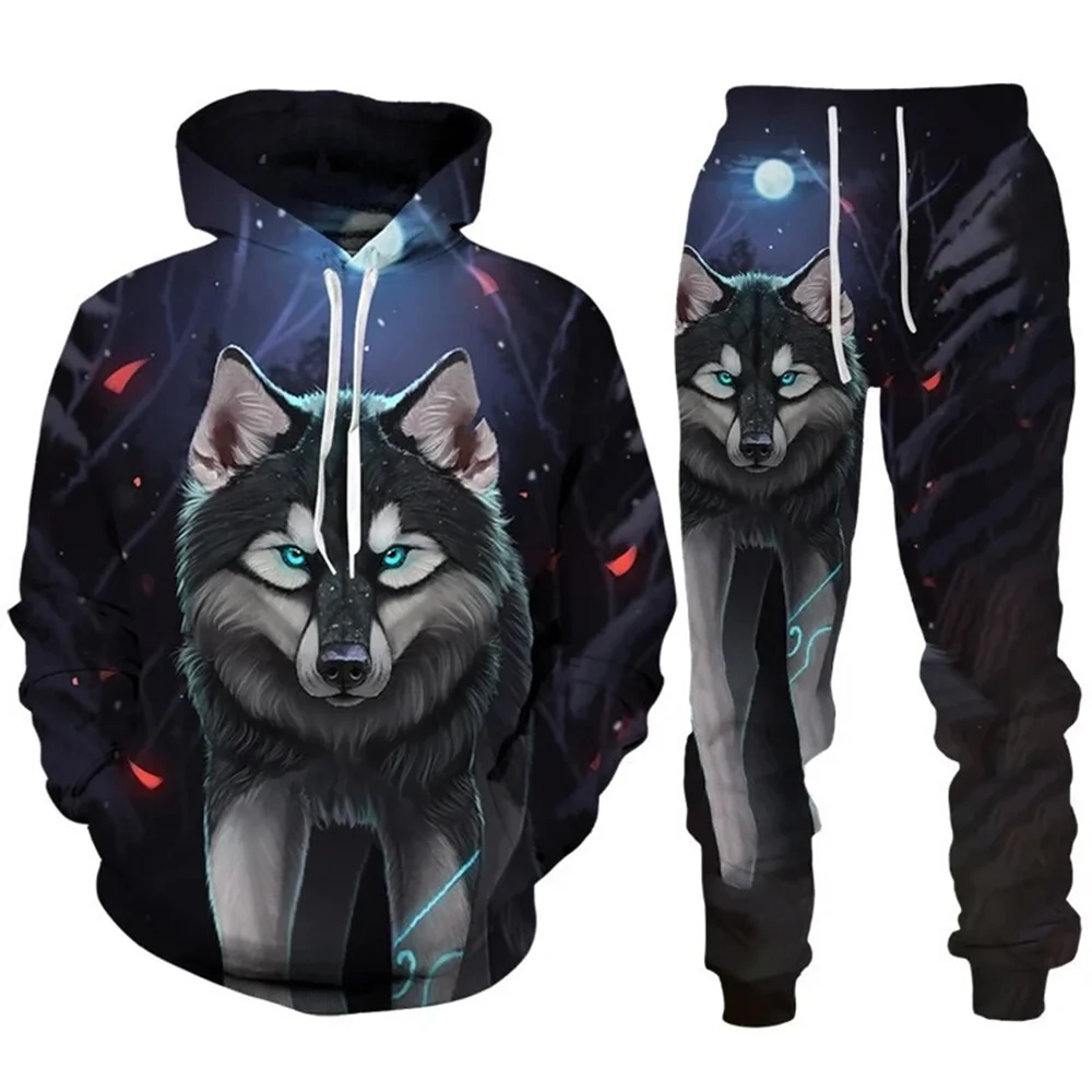 2024 New Men animal wolf Hoodie Printed Male Autumn Casual Sweatshirt Sweatpants Pullover Men Tracksuit Set Men's Clothing Suit