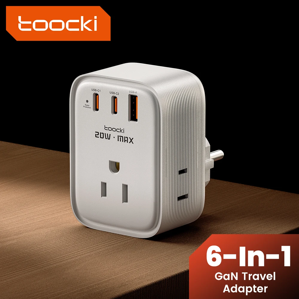 Toocki 6-in-1 Universal Travel Adapter With 3 AC Outlets US UK DE Plug 20W Fast Charging GaN USB Charging Adapter For Home Trave