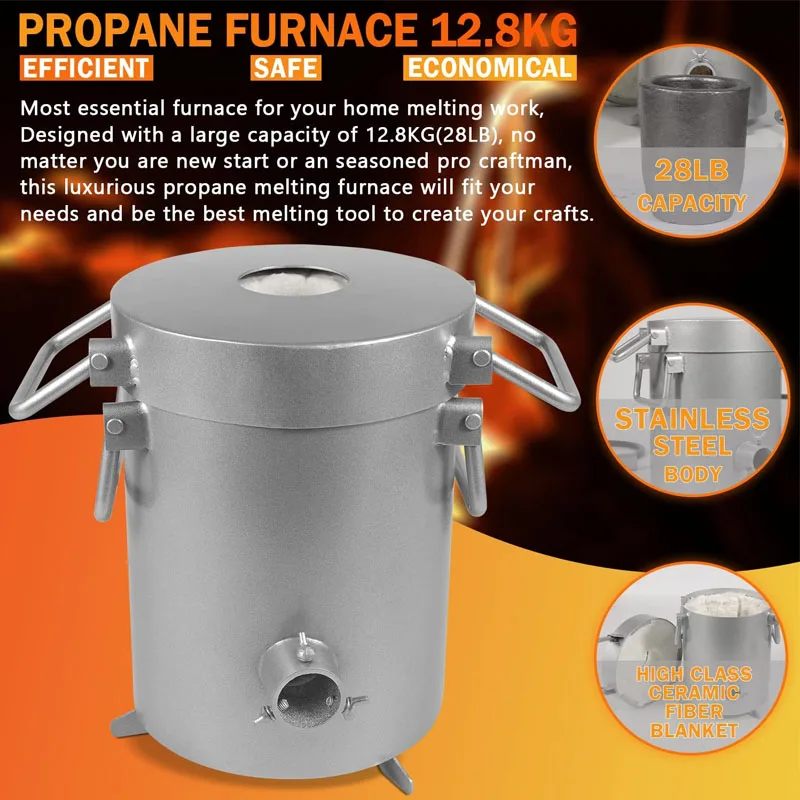 28LB/12.8KG Stainless Steel Gas Propane Melting Furnace Deluxe Kit with Crucible and Tongs For Melting Gold Silver Copper Brass