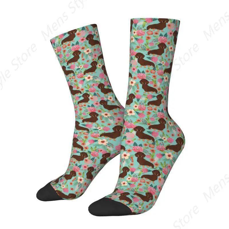 Fun Print Doxie Florals Dachshund Socks for Men Women Stretch Summer Autumn Winter Badger Sausage Dog Crew Socks