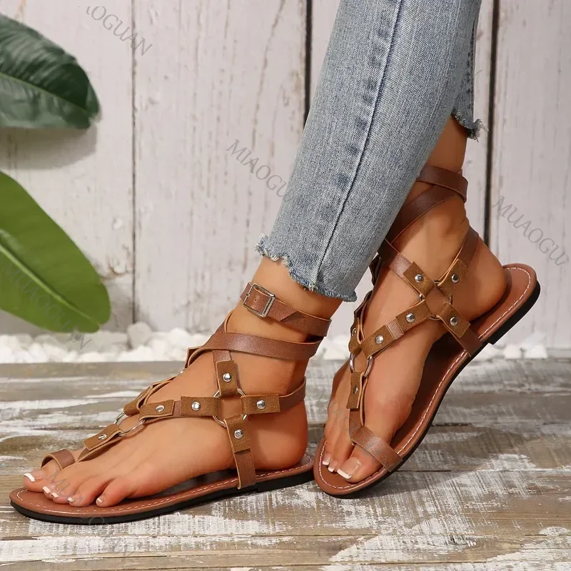 Summer Shoes Plus Size Clip Toe Women's Sandals Casual Women Rivet Buckle Strap Sandales Femmes Flat Ankle-wrap Shoes for Women image 5