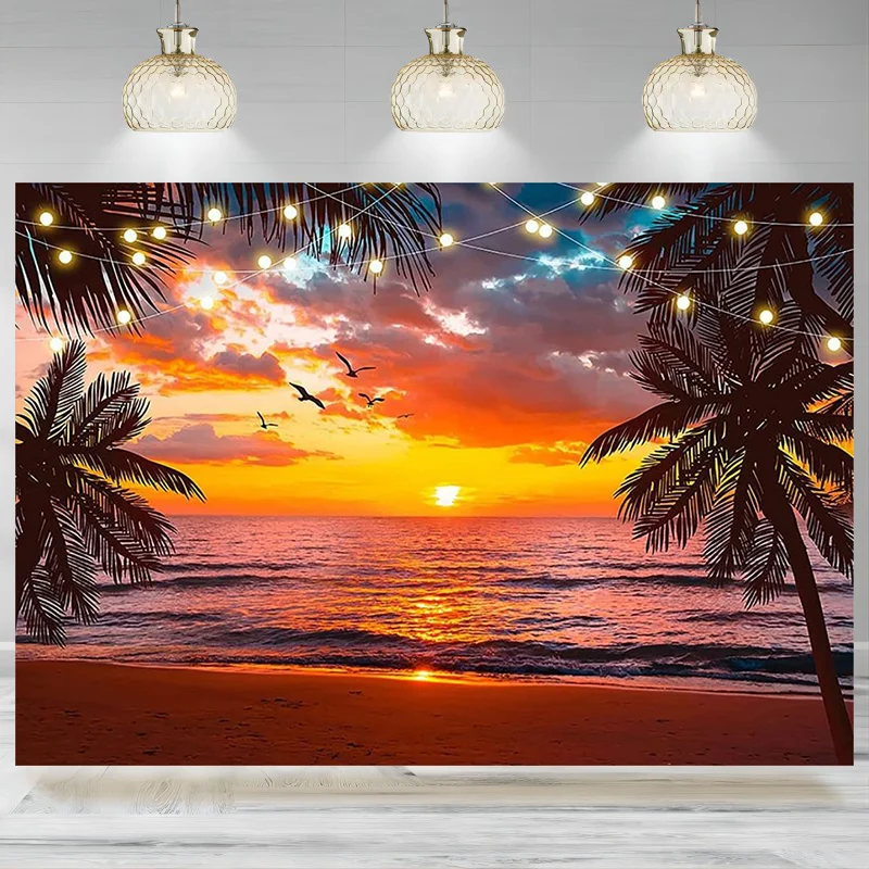 

Summer Sunset Backdrop Hawaii Beach Photography Background Tropical Palm Trees Baby Shower Birthday Party Decoration Banner