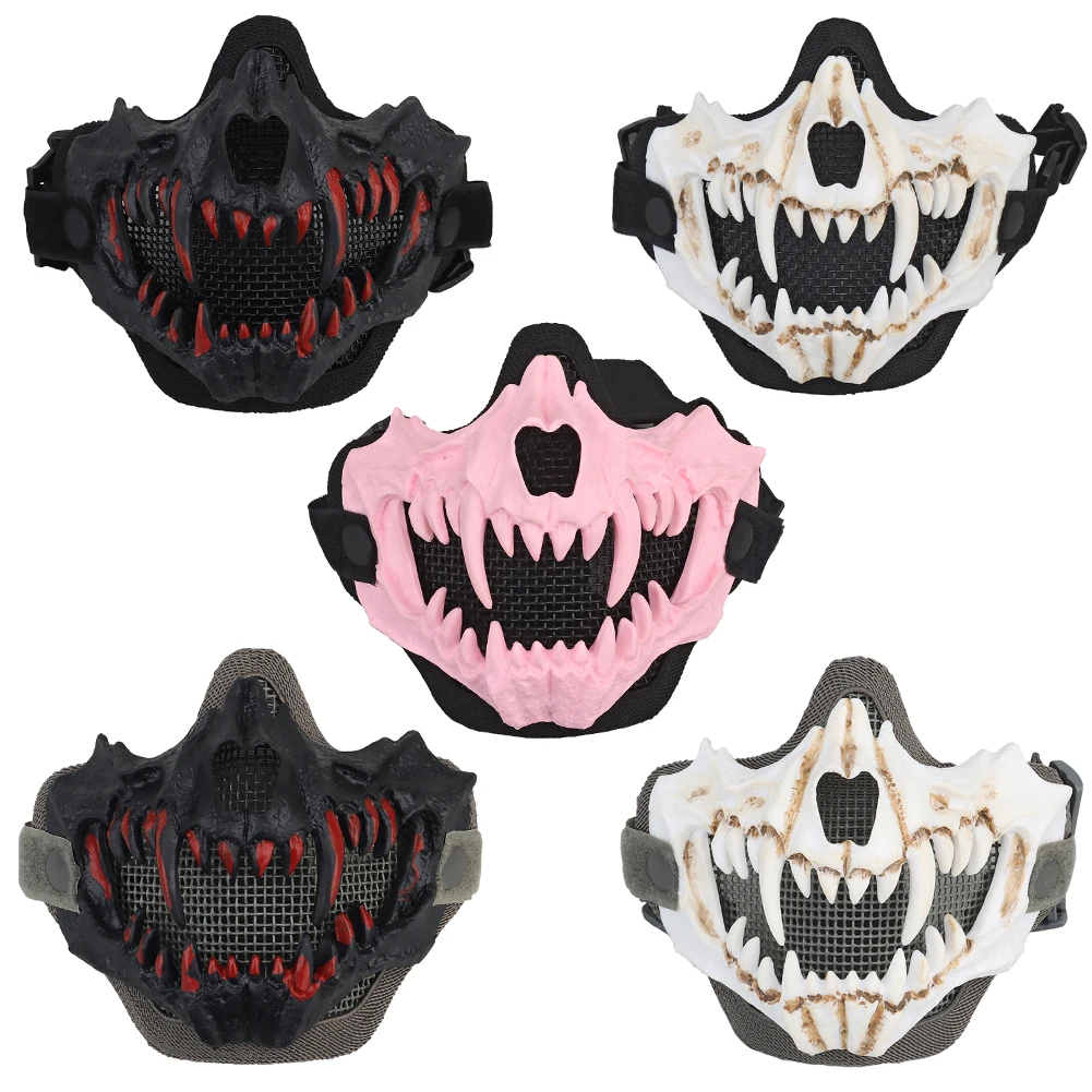 Fangs Cosplay Airsoft Mask Half Face Protective Mask Adjustable Strap Breathable Halloween Horror Party Decoration