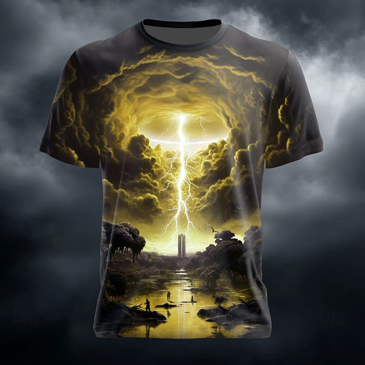 Thunder Lightning Dark Fantasy All Over Print T-Shirt, Red Storm Cloud Mystic Landscape Graphic Short Sleeve Tee For Men