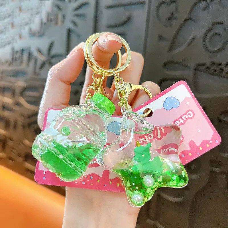 Floating Liquid Into Oil Pearl Unicorn Glitter Cartoon Keychain Women Girl Bag Pendant Cute Mug Bottle Keyring Key Green Charm