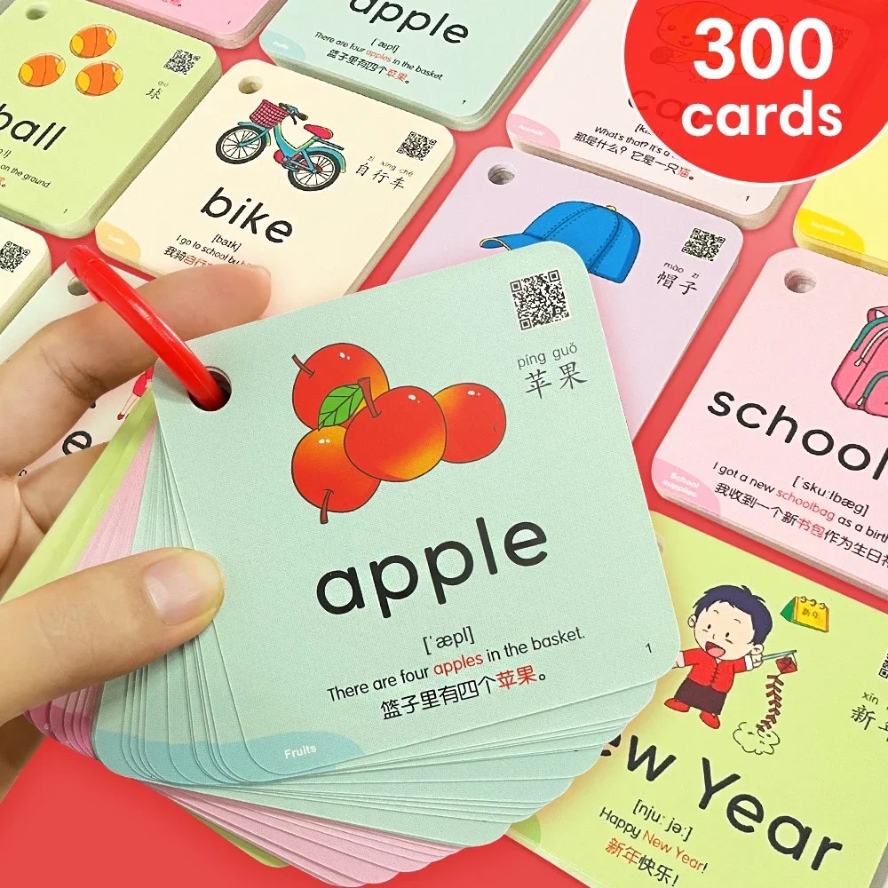 300 Cards Kids English Words Learning Cards English and Chinese Bilingual FlashCard Animals Number Color Shape Educational Toys