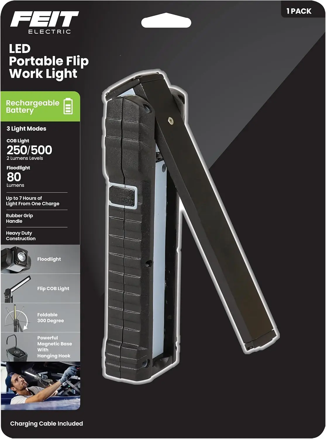

Compact Rechargeable LED Flashlight 500 Lumens, Magnetic Base, Foldable, 6500K Daylight, Hanging Hook - WORK500BAT