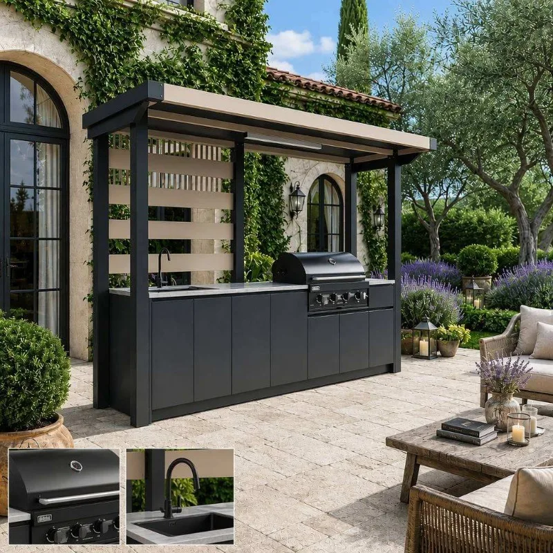 Outdoor BBQ Kitchen, Custom Aluminum Villa Garden Unit with Pergola, Grill and Integrated Sink