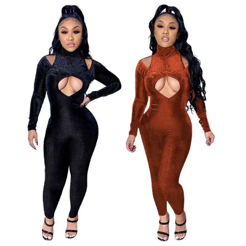 GUWU Sexy Party Samt Overall Frauen Rollkragen Aushöhlen Langarm Bodycon Strampler Clubwear Einteilige Overalls Weibliche