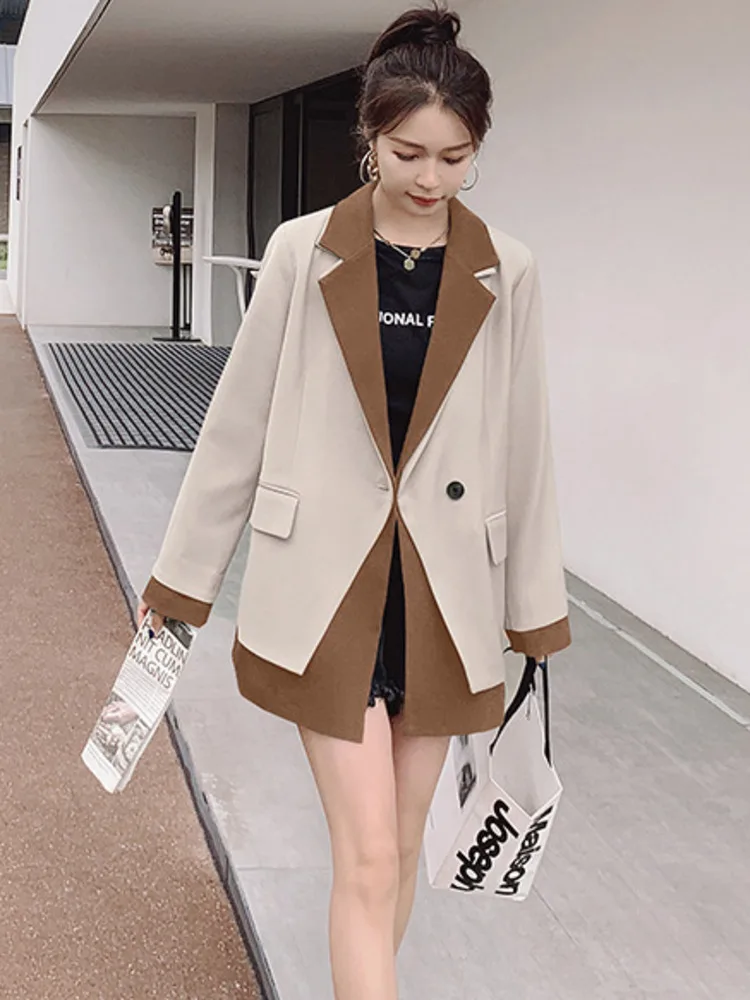 LANMREM Contrast Color Blazers For Women Notched Collar Long Sleeves Irregular Chic Pocket Coat 2024 Autumn New 2DA8381