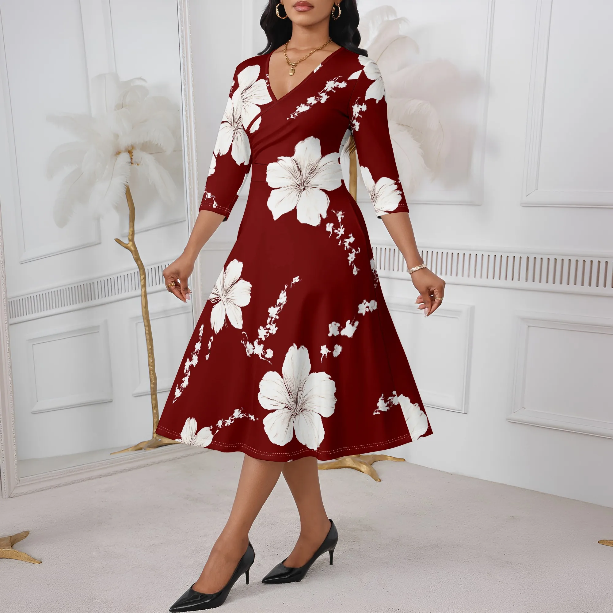 

Red Floral Midi Dress XS-3XL V-Neck A-Line Style for Thanksgiving, Fall Wedding Guest or Holiday Family Gathering Look
