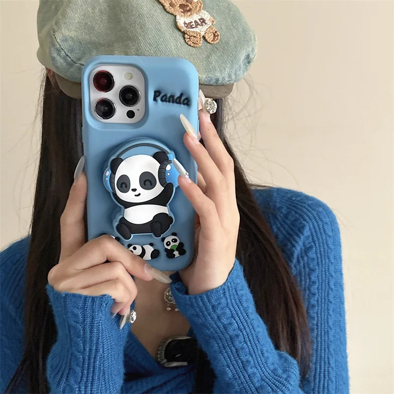 Coque de téléphone avec support télescopique en Silicone souple, casque de dessin animé Panda, étui de protection antichoc pour iPhone 15 14 16 13 12 Pro Max