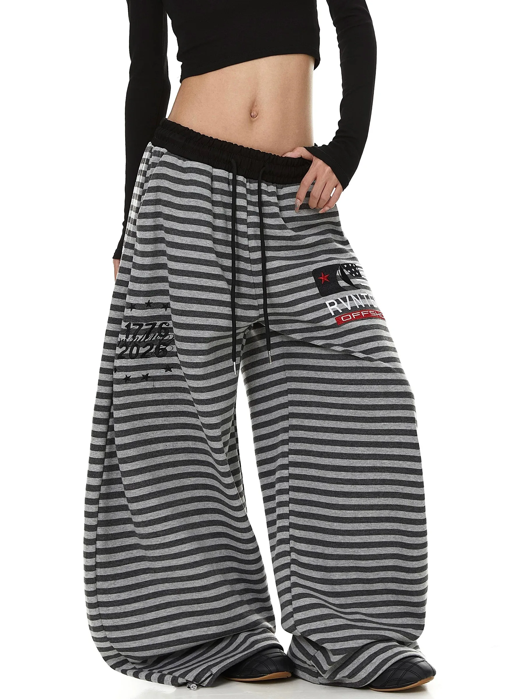 American Color Block Letter Embroidery Stripe Loose Casual Pants Women's Spring Autumn Lazy Dancing Wide Leg Casual Pants