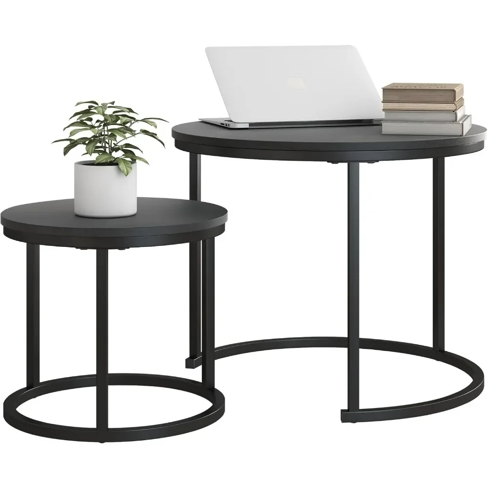

Small Coffee Table Set of 2, Round End Tables for Living Room, Farmhouse Wood Side Table With Metal Frame, Modern Nesting Table