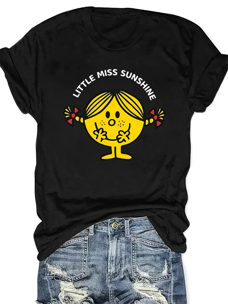 ليتل ميس أشعة الشمس المرأة طباعة الرسم تي شيرت ، قصيرة الأكمام ، جولة الرقبة ، قمم الصيف عارضة للنساء ، ملابس فتاة الكرتون