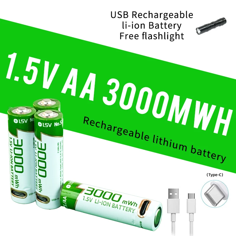 Bateria de Lítio Recarregável USB, Proteção Ambiental, Carregamento Direto, Novo, AA, 3000mWh, 1.5V, Alta Qualidade