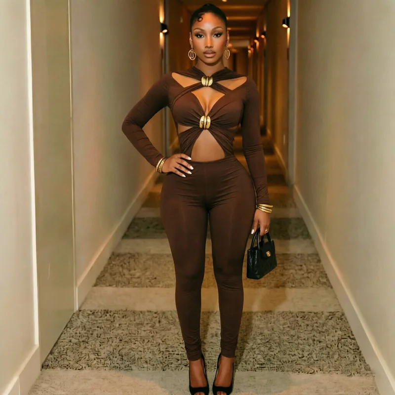 Metal Buckles Cross Hollow Out Skinny Jumpsuits Women Sexy Full Sleeve Booty Lifting Slim Party Clubwear Overalls Streetwear
