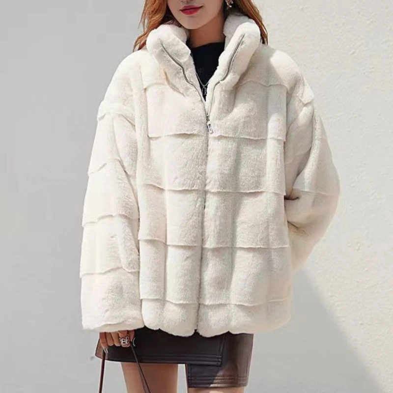 Plush Chic Faux Fur Grid Coat Stand Collar Zip Up Long Sleeve Loose Fit Warm Commute Daily Classic Trendy Versatile Long Coat