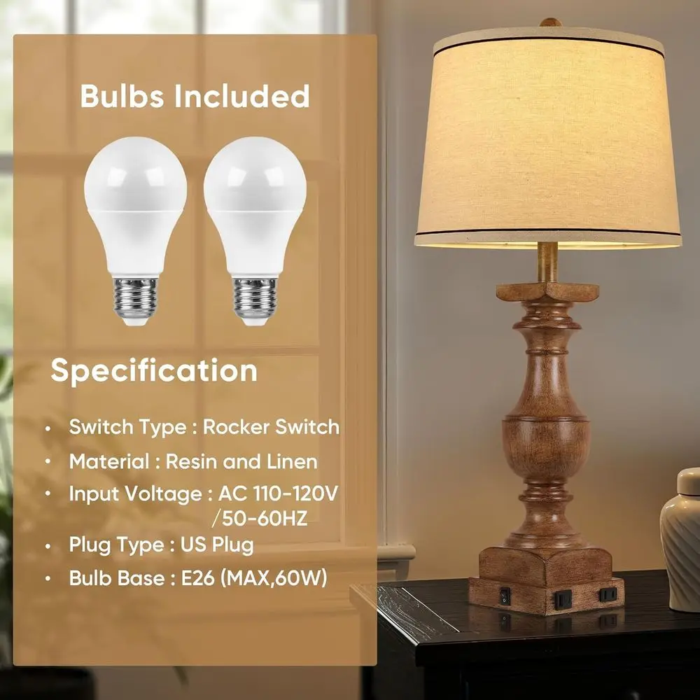 مصابيح طاولة من الخشب المحبب، مجموعة مصابيح مكتبية مكونة من 28 قطعة من الراتنج لغرفة النوم، مصابيح بجانب السرير في المزرعة مع ظلال من الكتان، USB A+C P
