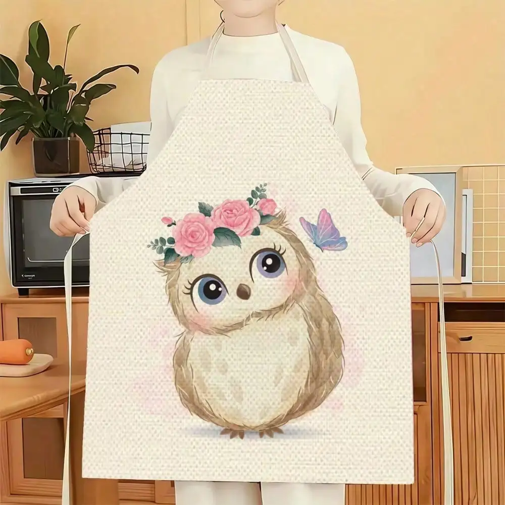 

1pc A Cute Owl-Patterned Linen Apron With Flowers On Top - A Unique, Fun, And Fashionable Printed Household Cleaning Apron, An Easy-To-Clean Kitchen, Cooking, And Baking Apron, A Creative Home Apron