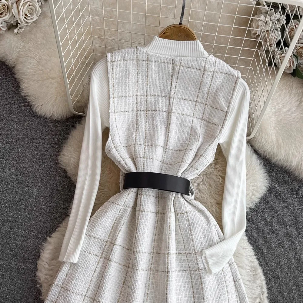 New Fashion Vintage 2 Piece Set Women Winter AUtumn Plaid Tweed Vest Jacket Pearl Button Belt V Neck Waistcoat Knitting Sweater