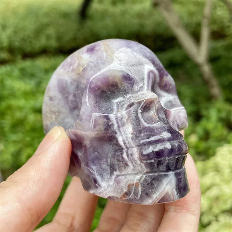 8CM Natural Dream Amethyst Head Skull Mineral Gems Carved Reiki Healing Gift Crafts Feng Shui Home Decoration Stone Statues 1pcs