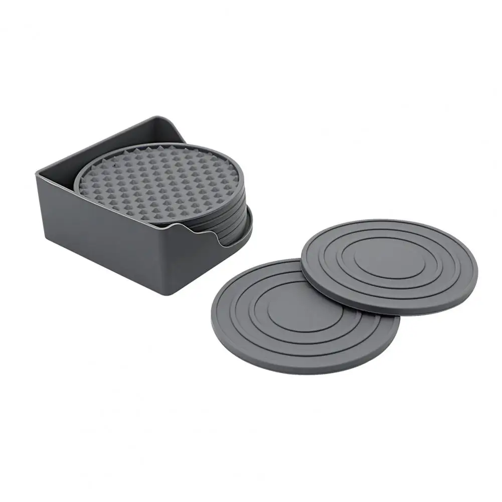 Grooved Surface Coasters 8pcs Silicone Drink Coaster Set with Holder Non-slip Grooved Design Heat Resistant Cup Mats Dishwasher