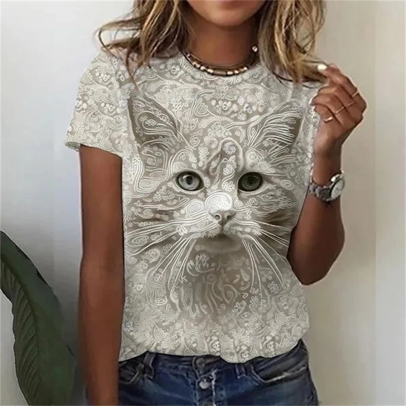 Cute Cat 3D Animel Graphic T ShirtS For Women Casual Fashion Tops Short Sleeve O Neck Tees Breathable Comfortable Female Top