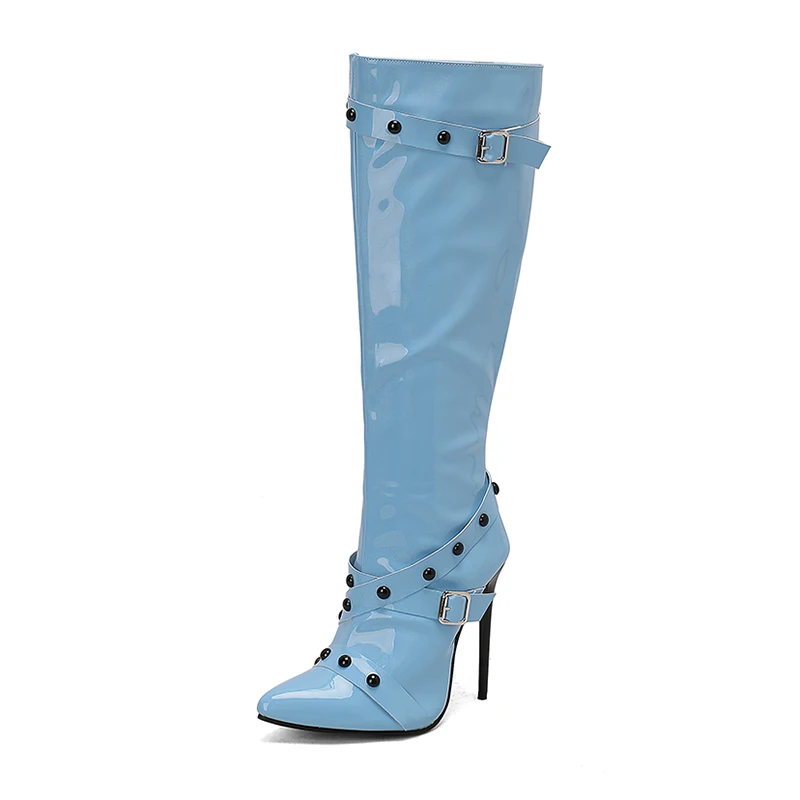 New Shiny Tall Boots Women's Sung Fit Knee High Boots Sexy Stiletto Rivets Decor Side Zipper Thin High Heels Shoes