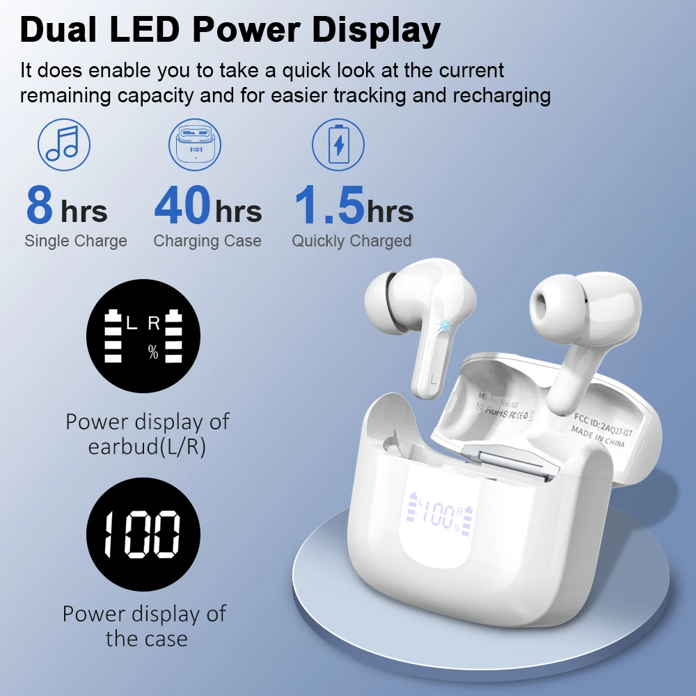 Wireless Earbuds, Bluetooth 5.3 Headphones Sports Headphones In Ear with 4 ENC Noise Cancelling Mic, 40H Playback , LED Display.