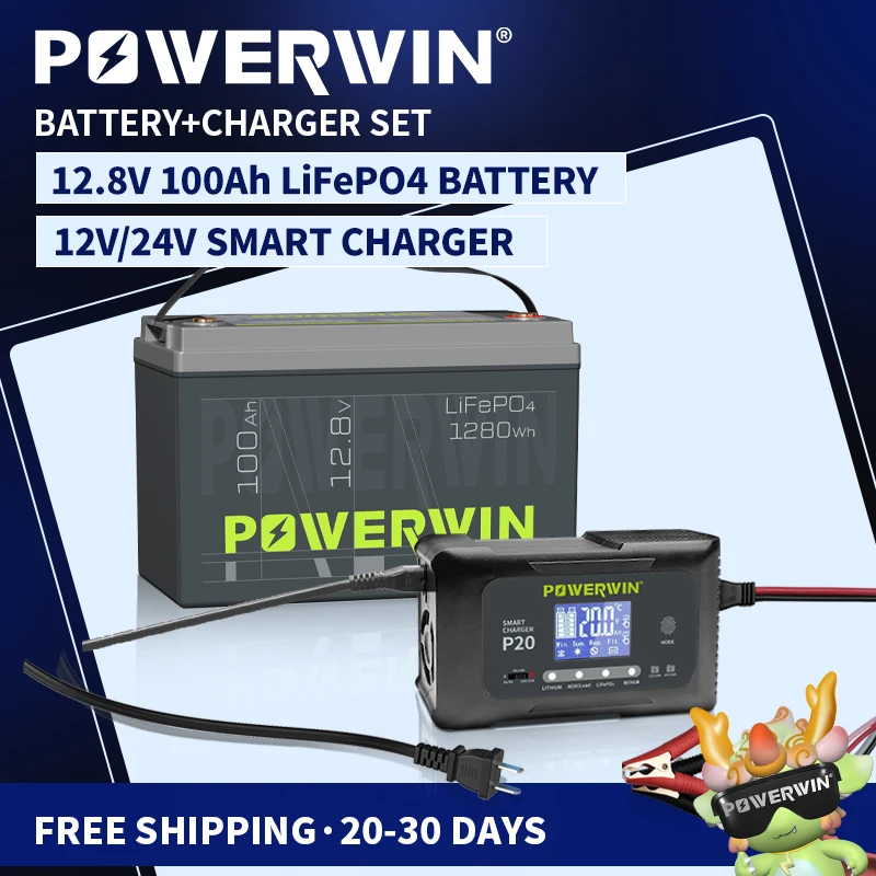 POWERWIN BT100 LifePO4 12V 100Ah/1280Wh Smart Charger P20 20A 12V20A For LiFePO4 AGM Lead-Acid Lithium Pulse Repair