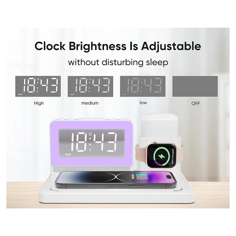 

Stylish-Multifunctional 5-In-1 Wireless Charger 15W Wireless Charging Supports Alarm Clock And Seven-Color Night Light EU Plug