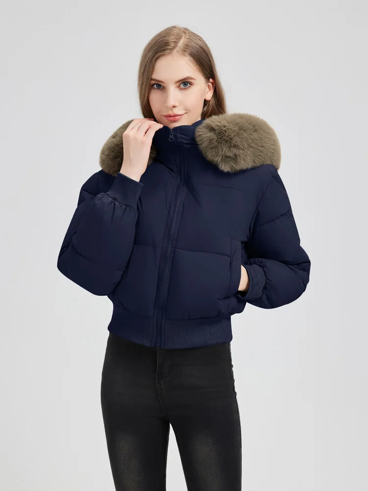 Veste rembourrée à col en fourrure pour femme, manteau court en coton, manches longues, fermeture éclair, Chic, ample, épais et chaud, hiver