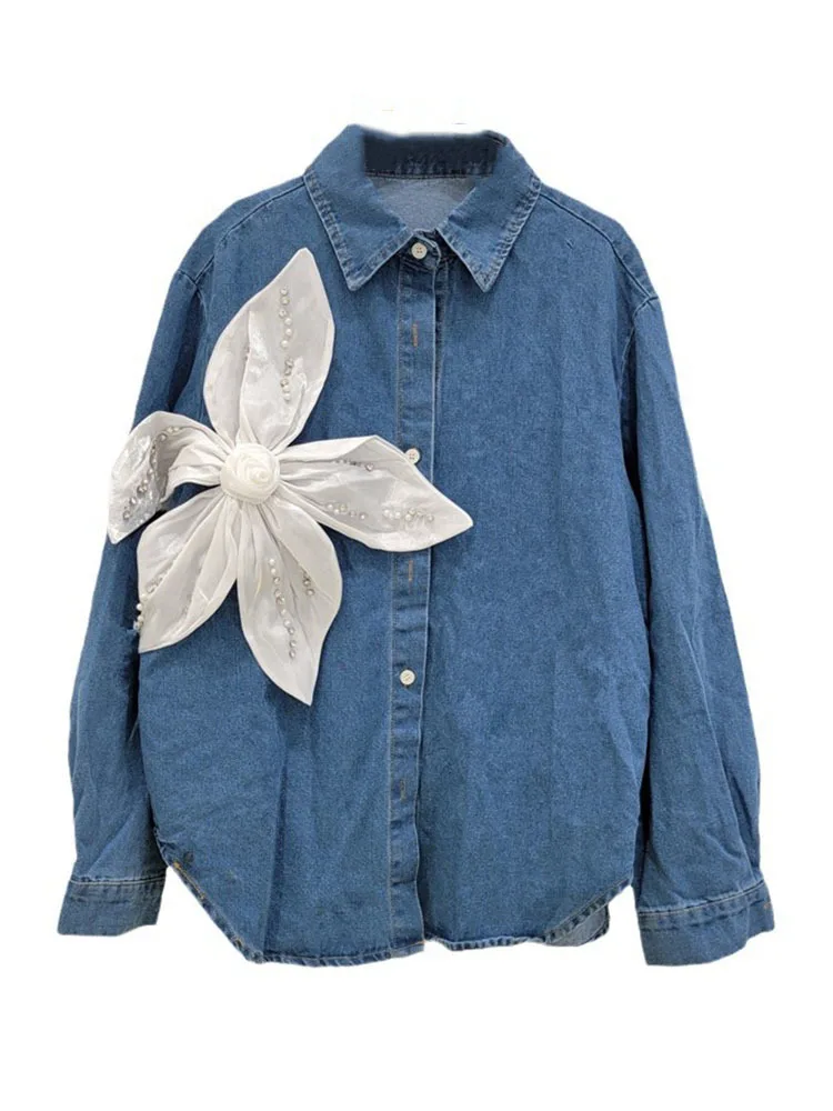 DEAT Fashion New Women\'s Spliced 3D Rivet Flower Denim Coat 2024 Summer Trendy Lapel Long Sleeve Buttons Jacket Female 29L7827