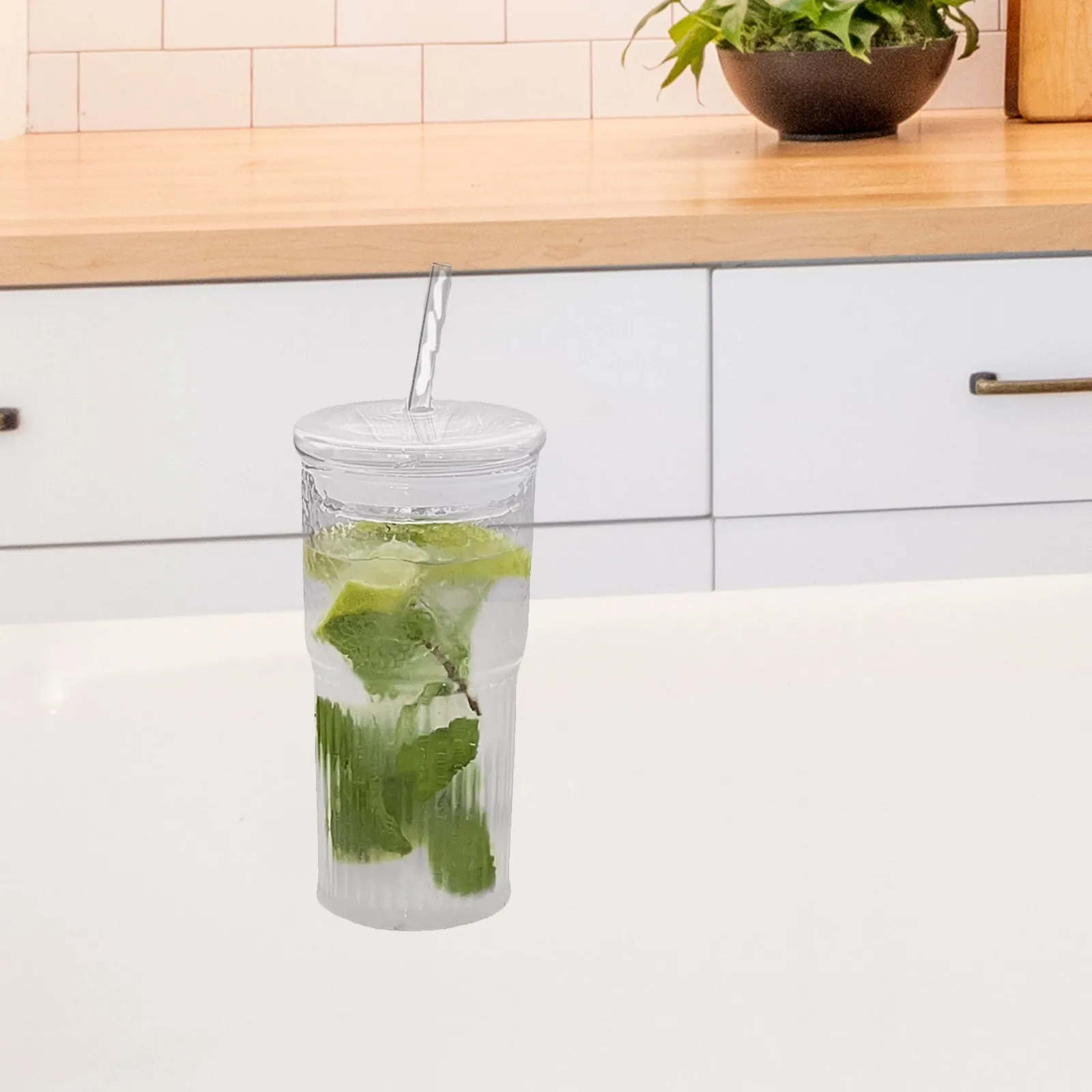 

Glass Cup with Lid and Straw Large Capacity High Borosilicate Vertical Striped Drinking Cup for Water Juice Coffee Matcha Tea