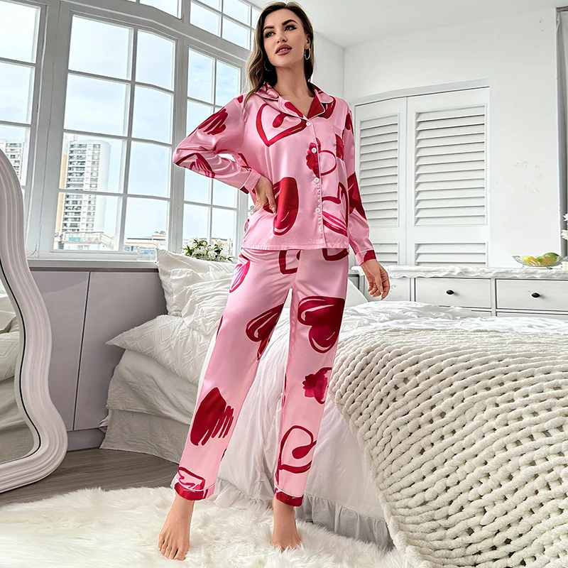 Women Satin Silk Pajamas Letter Pattern Printing Sleepwear Homewear Long Sleeve Pajama Pants Nightwear Loungewear Pyjama Pijama