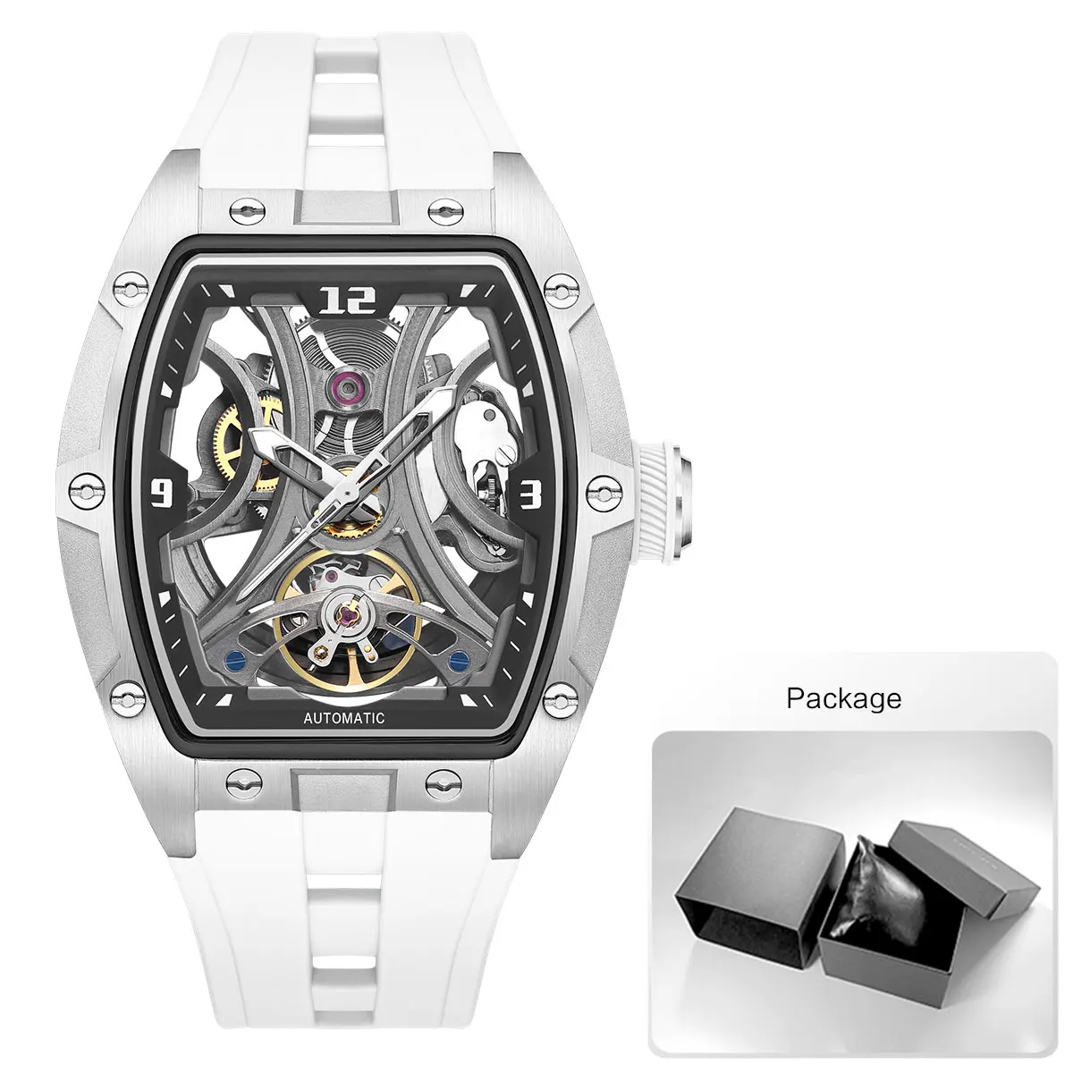 MEGIR Sports Style Automatic Mechanical Watch for Men Full Hollow Transparent Dial Design Stainless Steel Case Silicone Strap