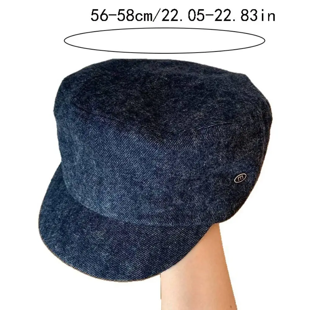 Korean Vintage Demin Beret Flat Brim Artist British Style Painter Cap Y2k Versatile Octagonal Hat Daily