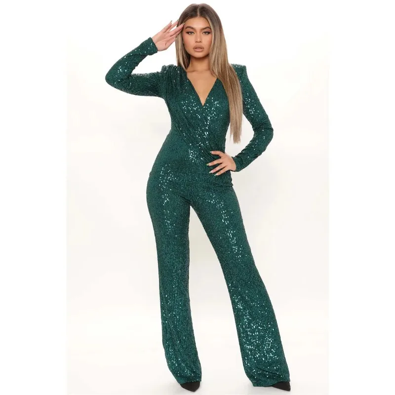 New Fashion Sequins Jumpsuit For Women Long Sleeve V Neck Draped Autumn Winter Rompers Celebrity Evening Party Club Overall