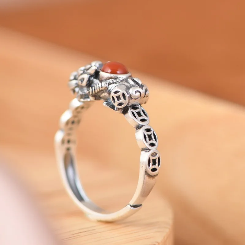 SR Ring Vintage Old Coin Silver Pixiu Inlaid with Natural Southern Red Adjustable Women's Ring