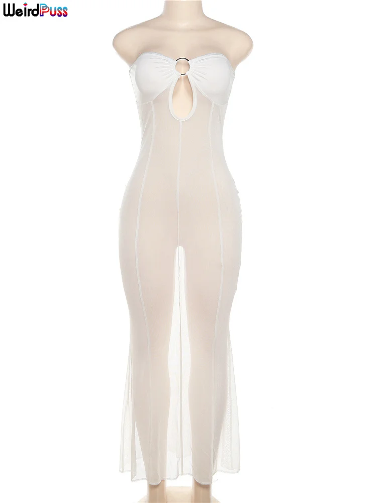 Weird Puss Mesh Patchwork Women Dress See Through Hollow Strapless Elastic Slim Fit Sexy Coquette Vacation Seaside Party Bodycon