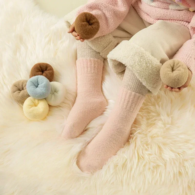 Solid Coral Fleece Children Socks for Boys Girls Winter Middle Tube Plush Sock Thicken Slipper Sock Kids Clothing Accessories