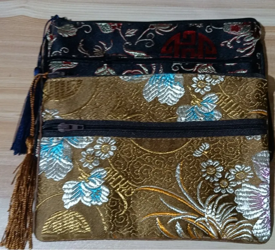 

2Pcs Large Silk Brocade 2 Zipper Purse Jewelry Pouch Gift Bags Travel Cosmetic Makeup Storage Bags Packaging