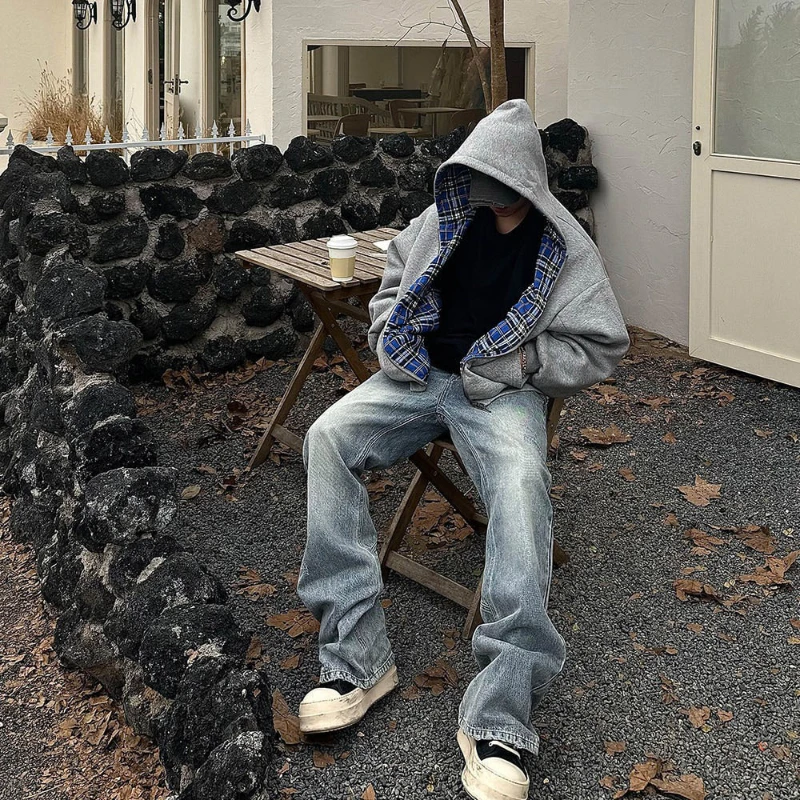 

Splicing double-sided printed open top hooded sweatshirt men's plaid lining popular American retro loose hooded jacket