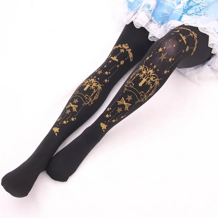 Cute Women\'s Spring Tights Gold Little Devil and Cross Stamped Pantyhose 3 Colors
