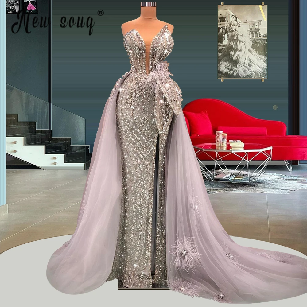 Luxury Evening Dresses Deep V Neck Sleeveless Beaded Evening Gowns With Detachable Train Grey Formal Dress Vestido de Fiesta