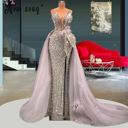 Luxury Evening Dresses Deep V Neck Sleeveless Beaded Evening Gowns With Detachable Train Grey Formal Dress Vestido de Fiesta