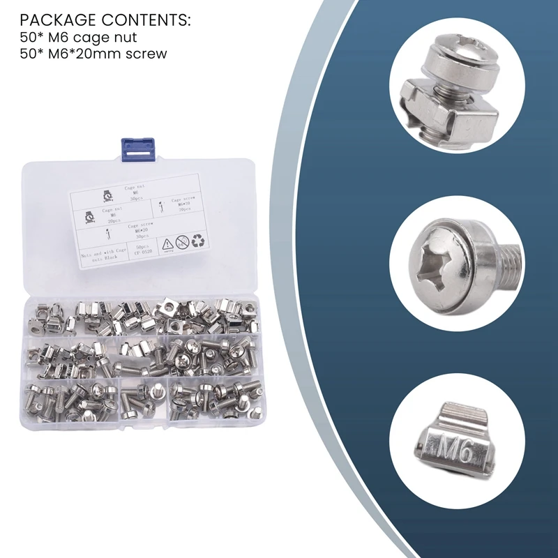 50 Sets M6 Square Hole Cage Nuts Mounting Screws Washers for Server Rack Cabinet
