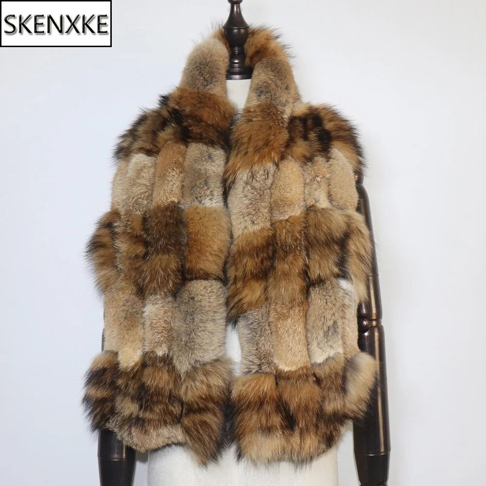 

New Winter Knitted Rex Rabbit Fur Scarf With Silver Fox Fur Women Fashion Warm Thick Female Winter Fur Scarves Neck Warmer Femme